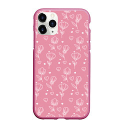 Чехол iPhone 11 Pro матовый Цветы и сердца паттерн, цвет: 3D-малиновый