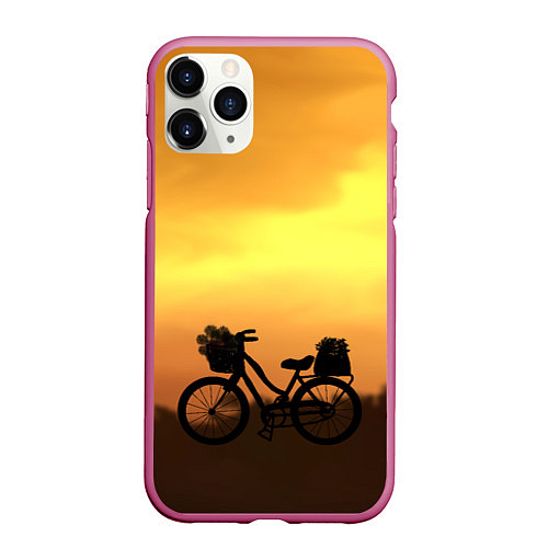 Чехол iPhone 11 Pro матовый Велосипед на закате / 3D-Малиновый – фото 1