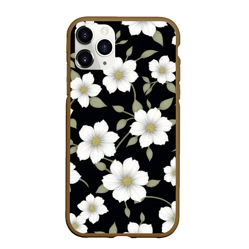 Чехол iPhone 11 Pro матовый Белые цветы крупным планом / 3D-Коричневый – фото 1