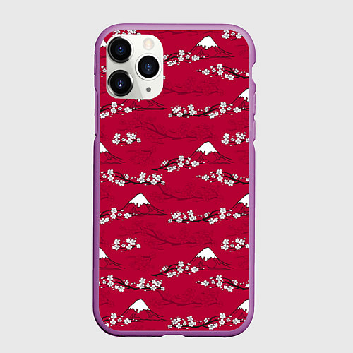 Чехол iPhone 11 Pro матовый Японский паттерн - цветение сакуры / 3D-Фиолетовый – фото 1