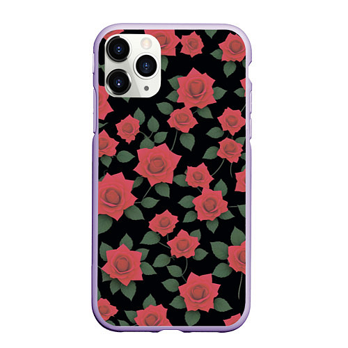 Чехол iPhone 11 Pro матовый Алые розы на черном / 3D-Светло-сиреневый – фото 1