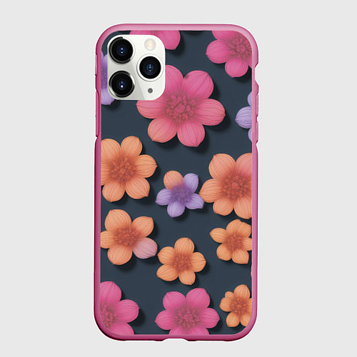 Чехол iPhone 11 Pro матовый Разноцветные ромашки / 3D-Малиновый – фото 1