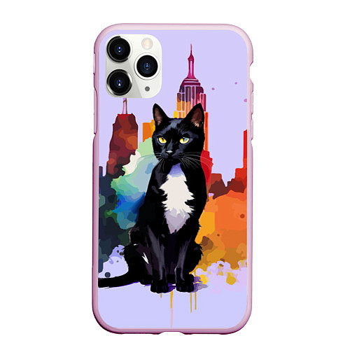 Чехол iPhone 11 Pro матовый Милая кисуля в Нью-Йорке - акварель / 3D-Розовый – фото 1