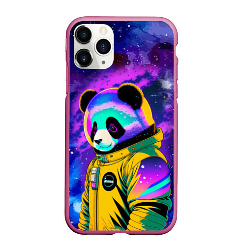 Чехол iPhone 11 Pro матовый Панда-космонавт в космосе - неон / 3D-Малиновый – фото 1