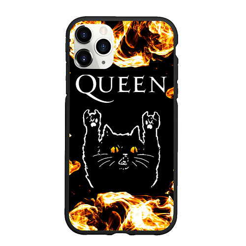 Чехол iPhone 11 Pro матовый Queen рок кот и огонь / 3D-Черный – фото 1