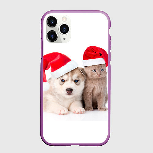 Чехол iPhone 11 Pro матовый Пёсик и котик в шапочках / 3D-Фиолетовый – фото 1