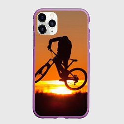 Чехол iPhone 11 Pro матовый Велосипедист на закате, цвет: 3D-фиолетовый