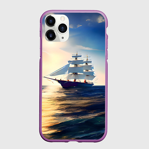 Чехол iPhone 11 Pro матовый Парусный корабль бриг / 3D-Фиолетовый – фото 1