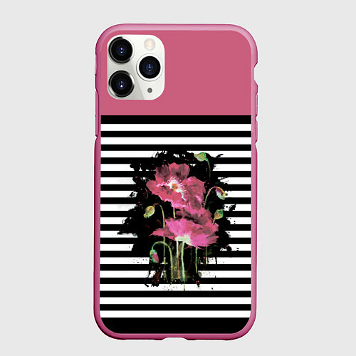 Чехол iPhone 11 Pro матовый Розовые акварельные маки на полосатом фоне / 3D-Малиновый – фото 1