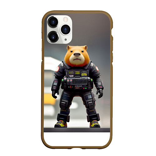 Чехол iPhone 11 Pro матовый Капи полицейский - киберпанк - нейросеть / 3D-Коричневый – фото 1