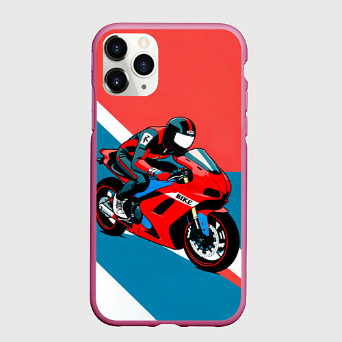 Чехол iPhone 11 Pro матовый Нарисованный мотоциклист / 3D-Малиновый – фото 1