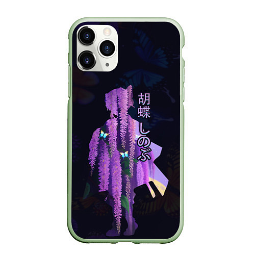 Чехол iPhone 11 Pro матовый Силуэт Шинобу Кочо, бабочки и цветущая глициния / 3D-Салатовый – фото 1