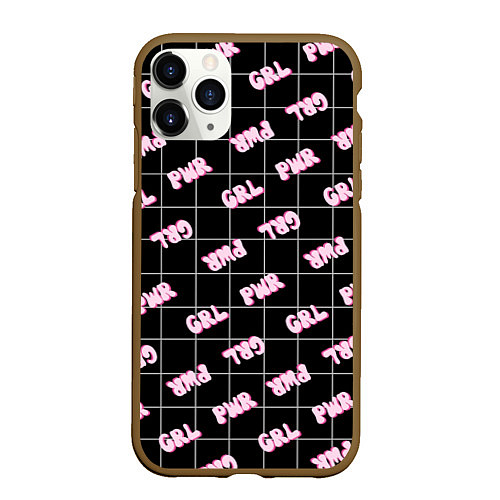 Чехол iPhone 11 Pro матовый Girl power - черный в клетку / 3D-Коричневый – фото 1