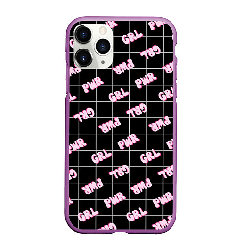 Чехол iPhone 11 Pro матовый Girl power - черный в клетку / 3D-Фиолетовый – фото 1