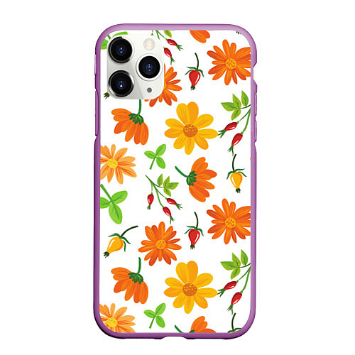 Чехол iPhone 11 Pro матовый Orange flowers / 3D-Фиолетовый – фото 1