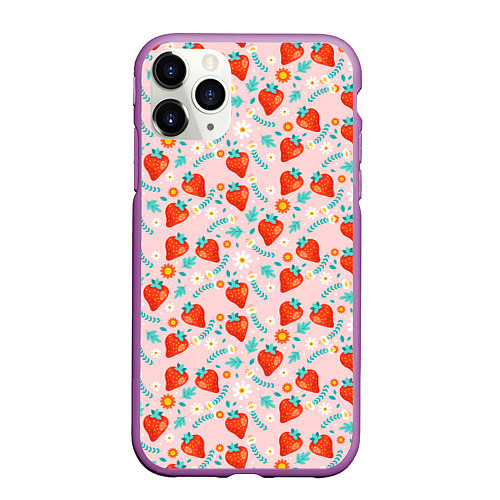 Чехол iPhone 11 Pro матовый Паттерн клубника и цветы / 3D-Фиолетовый – фото 1