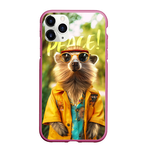 Чехол iPhone 11 Pro матовый Peace - хиппи квокка короткохвостый кенгуру / 3D-Малиновый – фото 1
