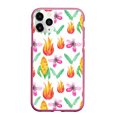 Чехол iPhone 11 Pro матовый Кукуруза и цветочки / 3D-Малиновый – фото 1