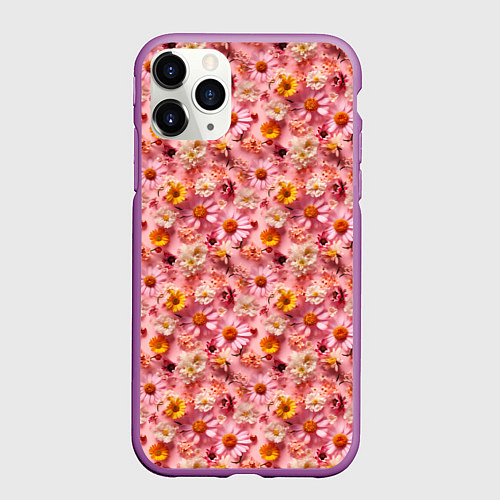Чехол iPhone 11 Pro матовый Желтые белые и розовые цветы / 3D-Фиолетовый – фото 1