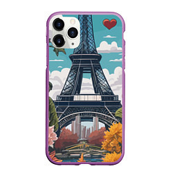 Чехол iPhone 11 Pro матовый Эйфелева башня в цветах, цвет: 3D-фиолетовый