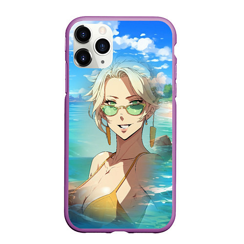 Чехол iPhone 11 Pro матовый Блондинка в солнечных очках / 3D-Фиолетовый – фото 1
