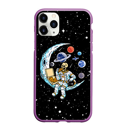 Чехол iPhone 11 Pro матовый Skeleton astronaut eats pizza while sitting on the / 3D-Фиолетовый – фото 1