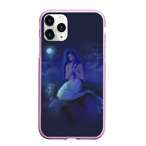 Чехол iPhone 11 Pro матовый Русалка и полнолуние / 3D-Розовый – фото 1