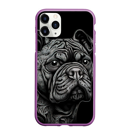 Чехол iPhone 11 Pro матовый Бульдог стиль тату / 3D-Фиолетовый – фото 1