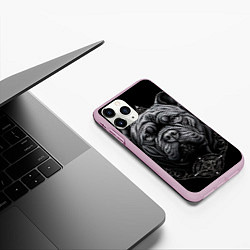 Чехол iPhone 11 Pro матовый Морда бульдога стиль тату, цвет: 3D-розовый — фото 2