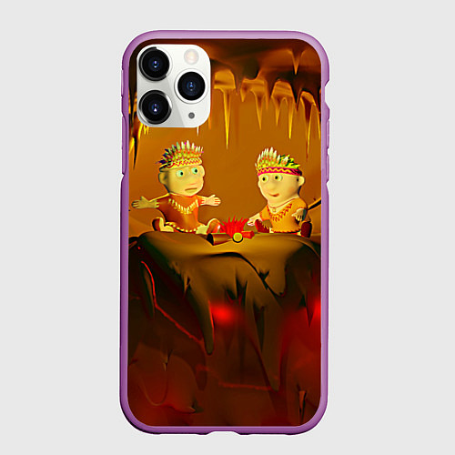 Чехол iPhone 11 Pro матовый Два индейца у костра в пещере / 3D-Фиолетовый – фото 1