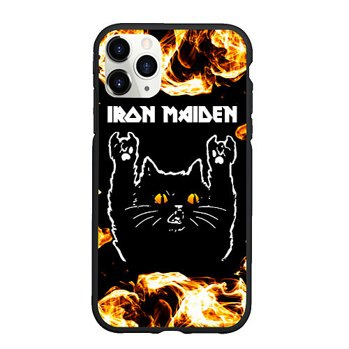 Чехол iPhone 11 Pro матовый Iron Maiden рок кот и огонь / 3D-Черный – фото 1