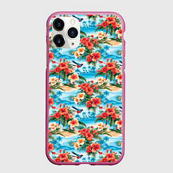 Чехол iPhone 11 Pro матовый Гавайский стиль летние цветы, цвет: 3D-малиновый