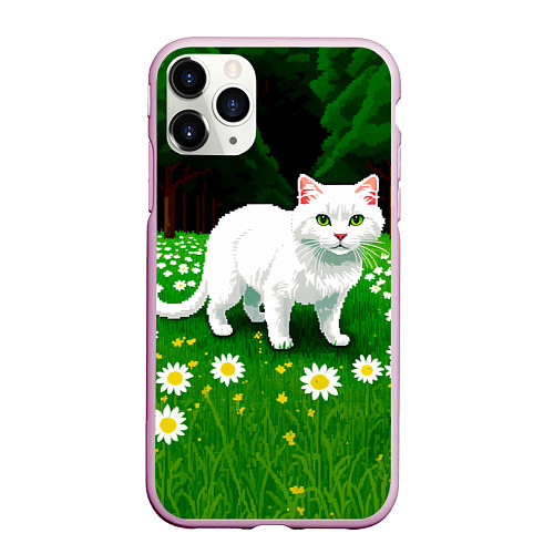 Чехол iPhone 11 Pro матовый Белый кот на лугу пиксель арт / 3D-Розовый – фото 1
