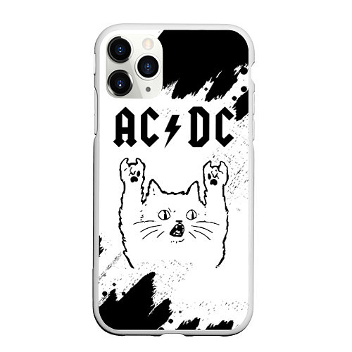 Чехол iPhone 11 Pro матовый AC DC рок кот на светлом фоне / 3D-Белый – фото 1