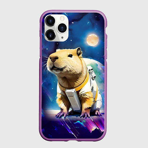 Чехол iPhone 11 Pro матовый Капибара-космонавт - нейросеть / 3D-Фиолетовый – фото 1