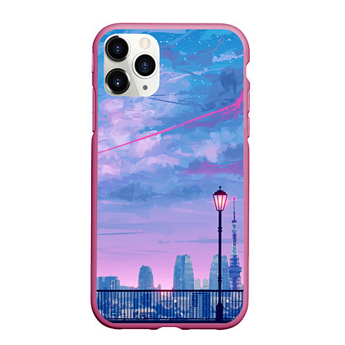 Чехол iPhone 11 Pro матовый Город и красочное небо / 3D-Малиновый – фото 1