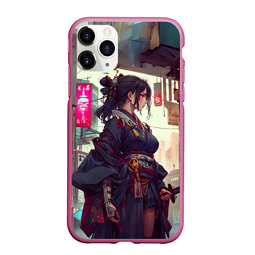 Чехол iPhone 11 Pro матовый Кибер самурай девушка / 3D-Малиновый – фото 1