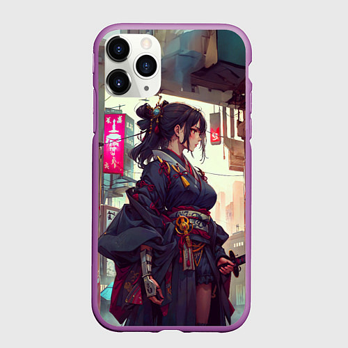 Чехол iPhone 11 Pro матовый Кибер самурай девушка / 3D-Фиолетовый – фото 1