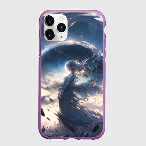 Чехол iPhone 11 Pro матовый Небесная девушка от нейросети / 3D-Фиолетовый – фото 1