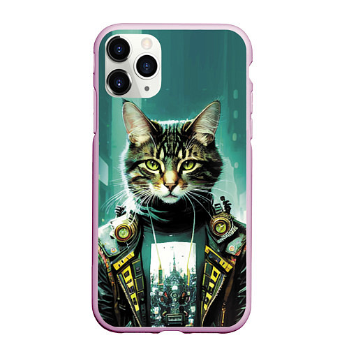 Чехол iPhone 11 Pro матовый Funny cat on the background of skyscrapers / 3D-Розовый – фото 1