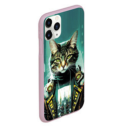 Чехол iPhone 11 Pro матовый Funny cat on the background of skyscrapers, цвет: 3D-розовый — фото 2