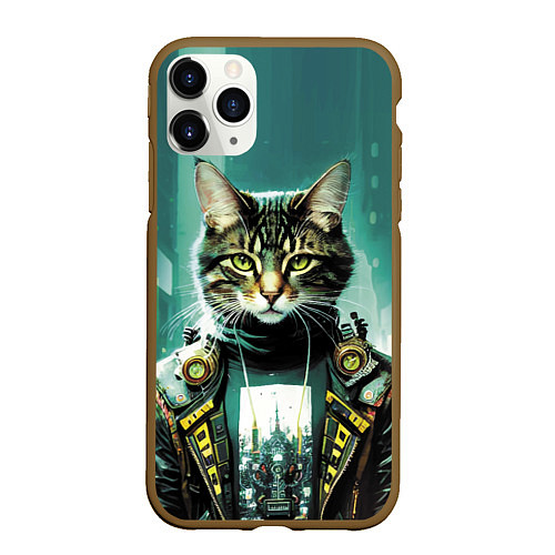 Чехол iPhone 11 Pro матовый Funny cat on the background of skyscrapers / 3D-Коричневый – фото 1