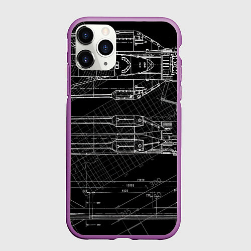 Чехол iPhone 11 Pro матовый Чертеж ракеты на чёрном фоне / 3D-Фиолетовый – фото 1