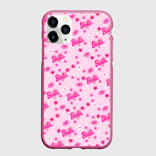 Чехол iPhone 11 Pro матовый Барби, сердечки и цветочки / 3D-Малиновый – фото 1