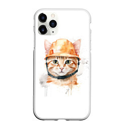 Чехол iPhone 11 Pro матовый Акварельный кот в строительной каске