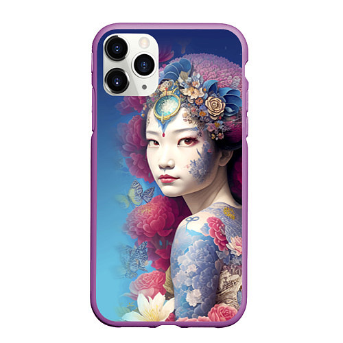 Чехол iPhone 11 Pro матовый Japanese girl - irezumi - tattoo - art / 3D-Фиолетовый – фото 1