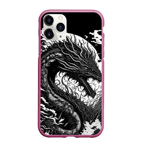 Чехол iPhone 11 Pro матовый Черно-белый дракон и волны / 3D-Малиновый – фото 1