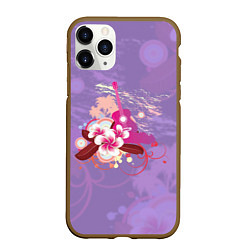 Чехол iPhone 11 Pro матовый Розовая гитара и цветочный орнамент, цвет: 3D-коричневый