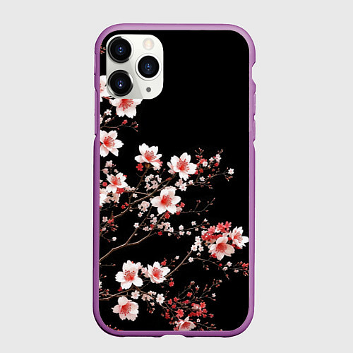 Чехол iPhone 11 Pro матовый Цветущая сакура - белые и красные / 3D-Фиолетовый – фото 1