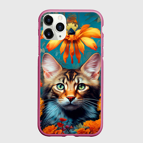 Чехол iPhone 11 Pro матовый Дикая кошка в цветах / 3D-Малиновый – фото 1